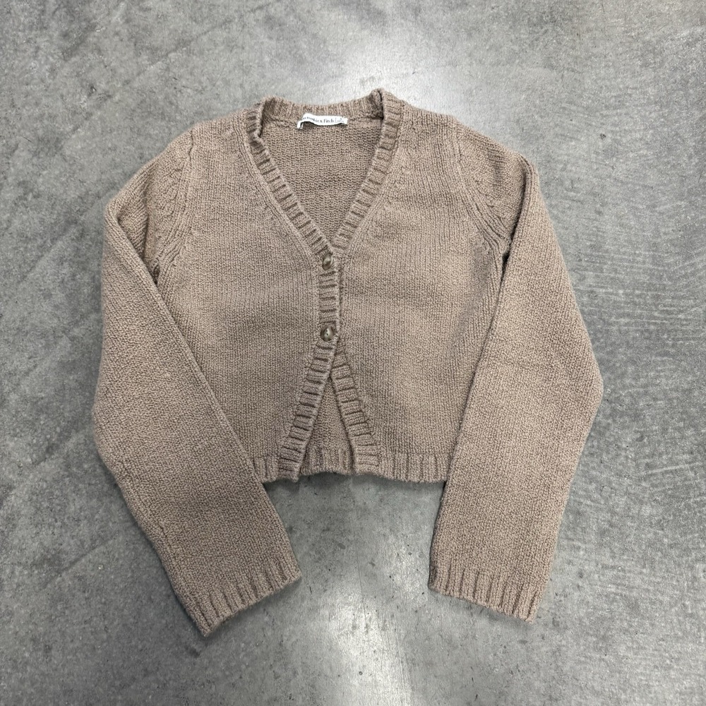 Abercrombie & Fitch Women's Taupe Cropped V-Neck Knit Cardigan Cozy Fall Small